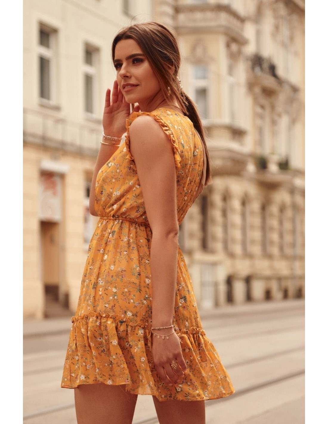 Delicate mustard floral dress PR3187 - Online store - Boutique